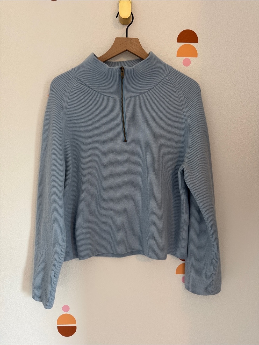 Zanzea Light Blue Ribbed Half-Zip Turtleneck Sweater N0066